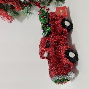 December Home Christmas 3D Tinsel Red Pick Up Truck With Christmas Tree